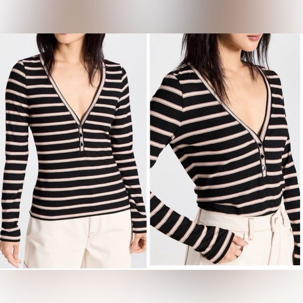 Veronica Beard Black and Cream Striped Long Sleeve Henley Tee